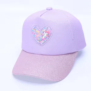 Kids purple baseball cap with glitter brim and heart-shaped colorful sequin window