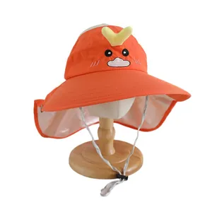 Kids orange sun hat with cartoon animal embroidery and protective neck flap