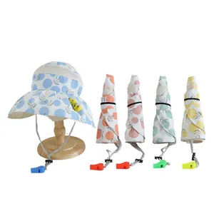 Kids wide brim sun hat with bee decoration, polka dots and adjustable whistle strap