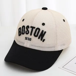 Kids' breathable mesh trucker hat featuring BOSTON embroidery in black and beige