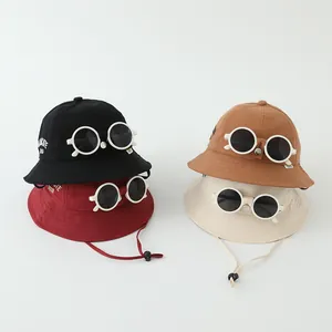 Kinder Baumwollmischung Anglerhut Mit Dekorativer Sonnenbrille Verstellbares Winddichtes Seil Sonnenschutz Sommer Fischerhut