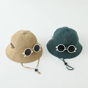 Kinder Sonnenhut aus Baumwolle mit abnehmbarer Brille und Windband in Khaki und Grün