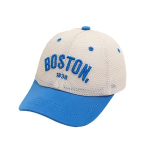 Kids breathable mesh baseball cap with blue BOSTON embroidery and sky blue brim