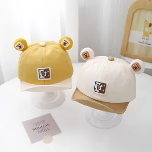 Infant cotton baseball cap with cartoon bear ears and contrast patchwork design