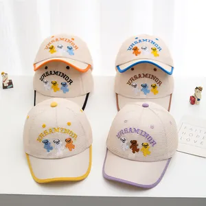 Breathable mesh baby baseball caps with bear embroidery and colorful contrast brims