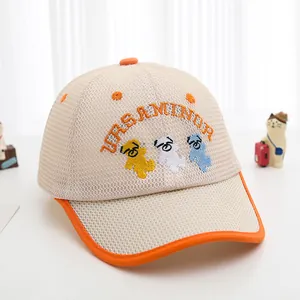 Kids breathable mesh baseball cap with cartoon bears and orange trim in beige