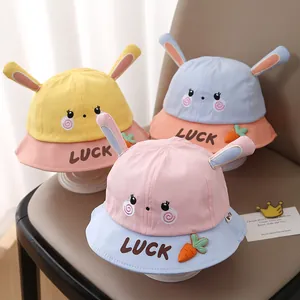 Cute Toddler Baby Sun Hat With 3D Rabbit Ears Cartoon Face Carrot Embroidery Bucket Hat For 1-3 Years Old Boys Girls