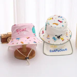Children Cute Dinosaur Pattern Quick Dry Sun Hat Outdoor Summer Adjustable Windproof Bucket Hat With Neck Protection Flap