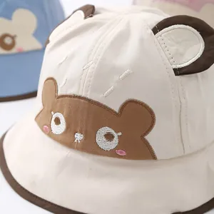 Kids beige sun hat with cute 3D bear ears and cartoon embroidery for toddler protection
