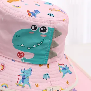 Pink kids dinosaur sun hat with cartoon embroidery and wide brim for summer protection