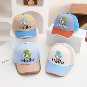 Detail view of children baseball caps with dinosaur patches and breathable mesh back