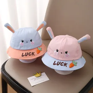 Cute bunny ear sun hat for toddlers with LUCKY embroidery and colorful patchwork design
