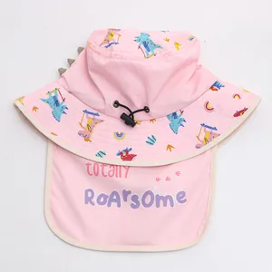Pink kids sun hat with dinosaur prints and neck protection flap for summer wear