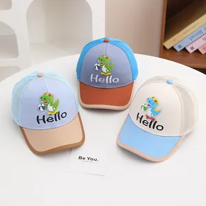 Kids breathable mesh baseball caps with cute cartoon dinosaur patch and Hello embroidery
