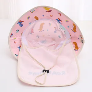 Pink kids sun hat featuring a wide brim, neck cover, and adjustable windproof strap detail