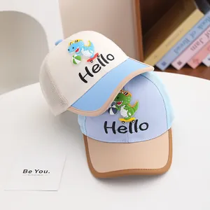 Kids baseball cap with mesh design featuring a cartoon dinosaur and Hello embroidery
