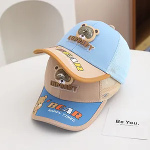 Kids breathable mesh baseball cap with cartoon bear and color block visor for summer sun protection