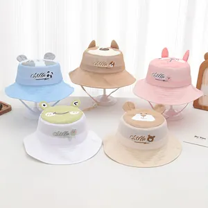 Detail view of breathable mesh kids' bucket hats with cartoon ears and adjustable straps