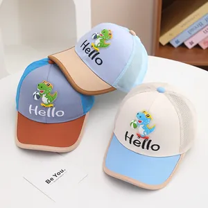 Detail of children's mesh baseball caps with cartoon dinosaur embroidery and Hello text