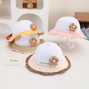 Baby Mädchen Atmungsaktiver Mesh Sonnenhut Sommer Anglerhut Rüschenkante 3D Blume Baumwolle Fischerhut Für Kleinkinder