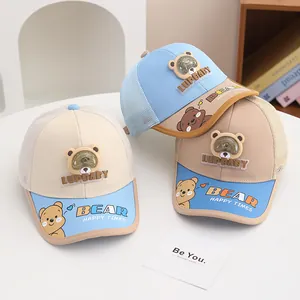 Kids breathable mesh baseball cap with built-in mini fan and cute bear cartoon design