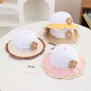 Baby Sonnenhüte mit Netzstoff Strickblume und Rüschenkante für Kleinkinder 1-3