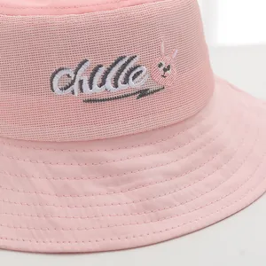 Pink kids bucket hat with breathable mesh and cute rabbit embroidery for summer