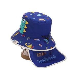 Navy blue baby sun hat with colorful dinosaurs and a wide protective neck flap