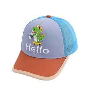 Kids color-block mesh baseball cap with cartoon dinosaur patch and Hello embroidery