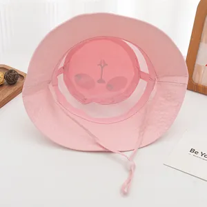 Breathable pink sun hat detail with mesh panels and adjustable chin strap for kids