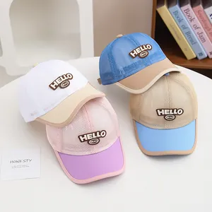 Kids breathable mesh baseball caps with HELLO embroidery in four assorted summer colors