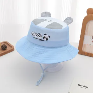 Breathable light blue kids sun hat with panda embroidery and 3D ears detail
