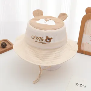 Detail of beige kids fisherman hat showing breathable mesh and cute 3D bear ears
