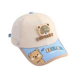 Breathable mesh baby baseball cap with 3D bear design and beige-blue color block style