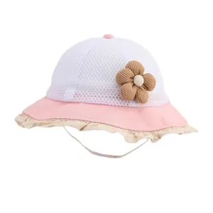 Atmungsaktive Baby Sonnenmütze mit Blume und Kinnriemen für Mädchen im Sommer UV-Schutz