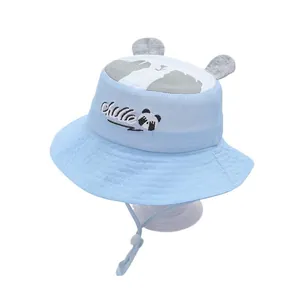 Breathable blue baby sun hat with cute panda embroidery and 3D ears for 2-5 year olds