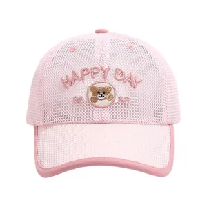 Pink breathable mesh kids baseball cap featuring cute bear embroidery and HAPPY DAY text