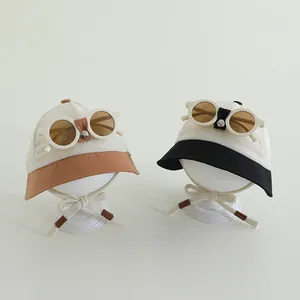 Cappello da Sole a Rete Estivo per Bambini Con Occhiali da Sole Decorativi Cappello da Pescatore Traspirante per Neonati Bambini Ragazze Spiaggia