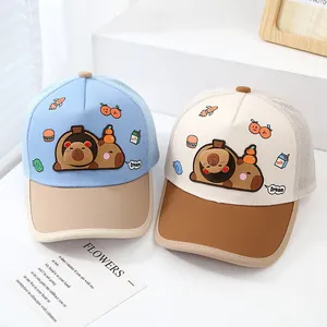 Cute capybara mesh trucker hats for kids in light blue and beige with breathable back