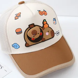 Kids breathable mesh baseball cap with cute capybara and cartoon patches in beige and brown