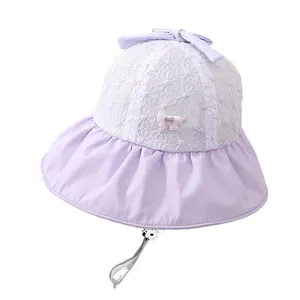 Cute lavender baby sun hat with floral lace embroidery and adjustable windproof strap