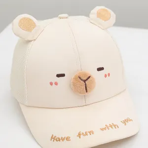 Beige kids cap with cute bear ears, breathable mesh panels and fun embroidery detail