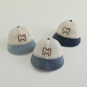 Kids Summer Denim Mesh Bucket Hat Breathable Smile Face Letter M Sunshade Fisherman Hat For Boys Girls Casual Outdoor Cap
