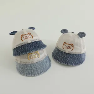 Chapeau Cloche d'été en Maille pour Bébé Oreilles 3D Broderie Ours de Dessin Animé Chapeau de Soleil Respirant en Denim