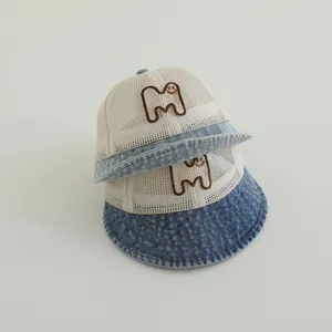 Kids breathable mesh bucket hat with denim brim and smiley M embroidery for sun protection