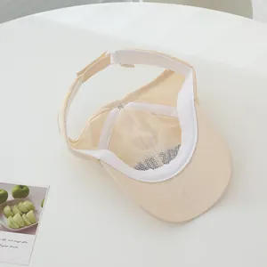 Detail of beige quick-dry visor hat featuring breathable mesh and adjustable back strap