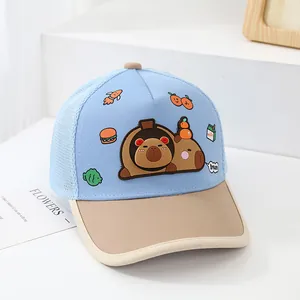 Detail of baby baseball cap with cute capybara patch and breathable mesh in blue and beige