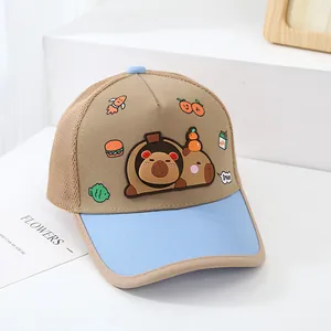 Close-up of mesh baseball cap with cute Capybara cartoon patches and breathable side mesh