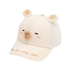 Breathable mesh beige baby baseball cap with cute cartoon bear ears and embroidery