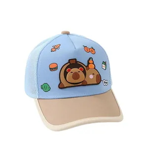 Blue and beige kids baseball cap featuring cute Kapibara embroidery and mesh panels